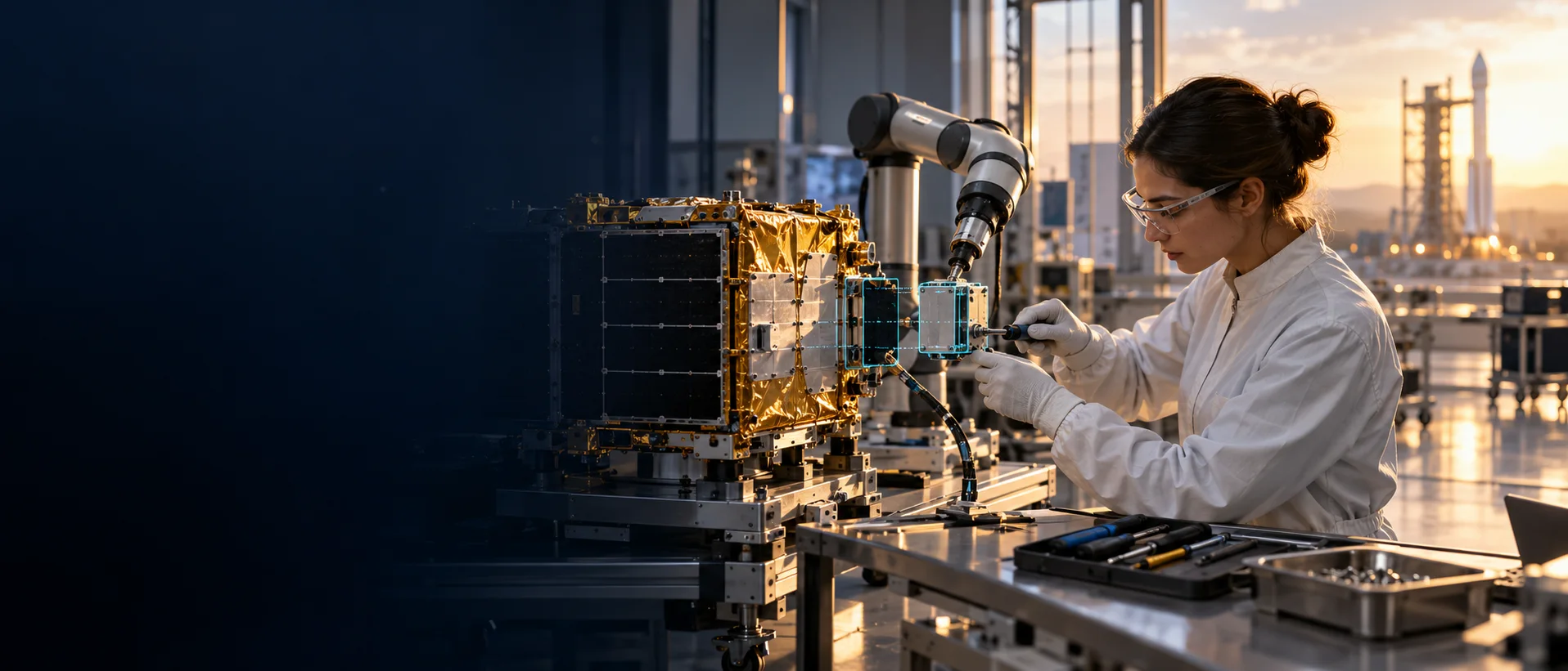 Technician and supervised robot preparing a satellite payload with spatial guidance